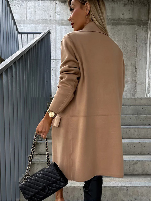Ženski kaput od umjetne vune za jesen 2023. Jednobojni midi kaputi dugih rukava s džepnim ovratnikom Ženska elegantna odjeća za uredske dame