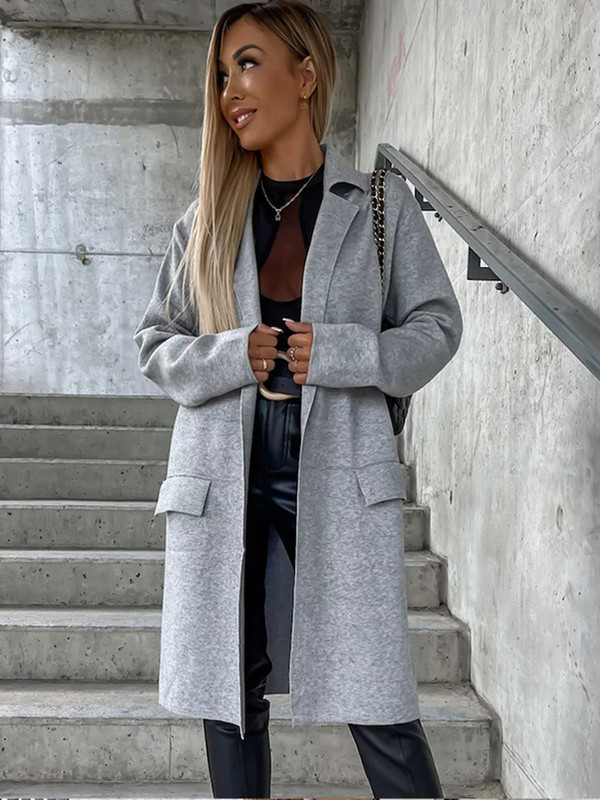 Ženski kaput od umjetne vune za jesen 2023. Jednobojni midi kaputi dugih rukava s džepnim ovratnikom Ženska elegantna odjeća za uredske dame