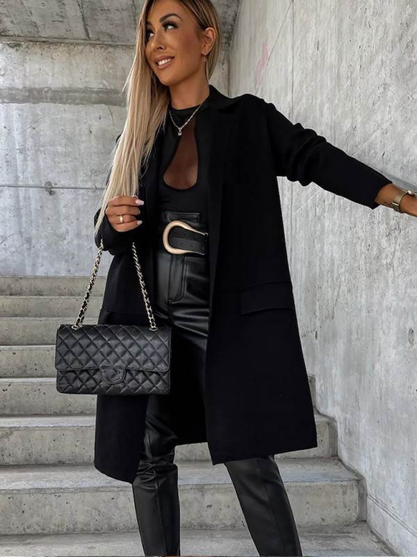 Ženski kaput od umjetne vune za jesen 2023. Jednobojni midi kaputi dugih rukava s džepnim ovratnikom Ženska elegantna odjeća za uredske dame