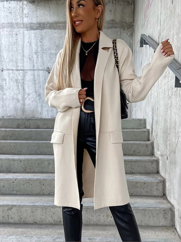 Ženski kaput od umjetne vune za jesen 2023. Jednobojni midi kaputi dugih rukava s džepnim ovratnikom Ženska elegantna odjeća za uredske dame