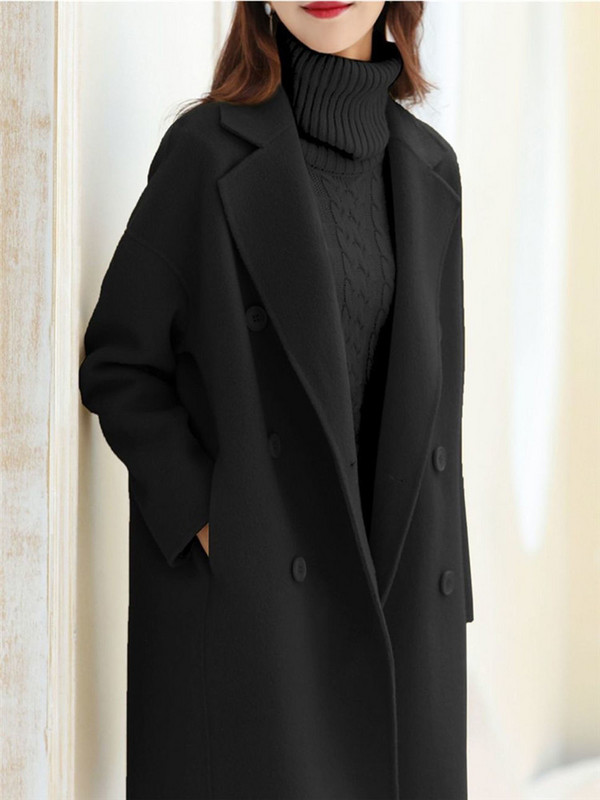 Palton pentru femeie toamnă iarnă, culoare solidă, cu buzunar dublu, rever, jachetă de lână, lungă, simplă, ZM291
