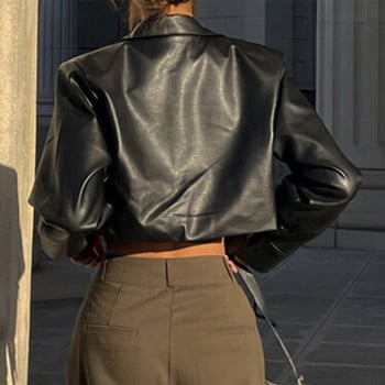 Γυναικείο Slim Biker Μακρυμάνικο Crop Μπουφάν Faux PU Δερμάτινο Cool Buttons Coat Crop Jacket Κορεάτικο Γυναικείο όμορφο παλτό