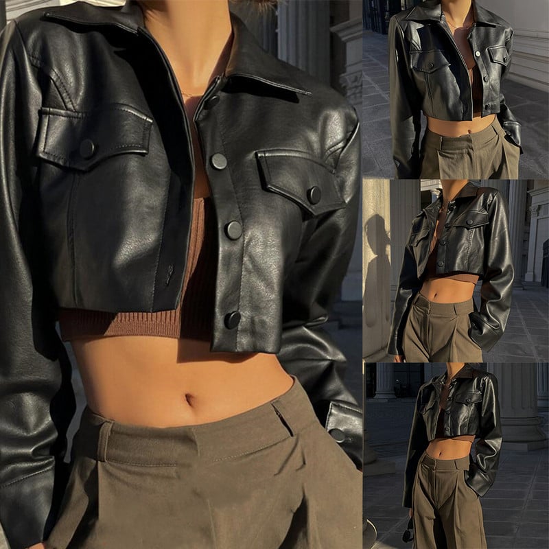 Ženska tanka biciklistička jakna s kratkim rukavima od umjetne PU kože Cool gumbi Kaput s kratkim rukavima Zgodan korejski ženski kaput