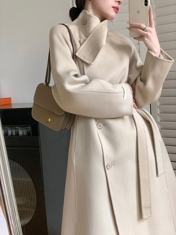 Winter Offiec Lady Wool Coat Γυναικείο Harajuku Street Κορεάτικο στυλ Κομψό σχέδιο ζώνης κουμπιά πανωφόρι Επίδεσμος λεπτό παλτό