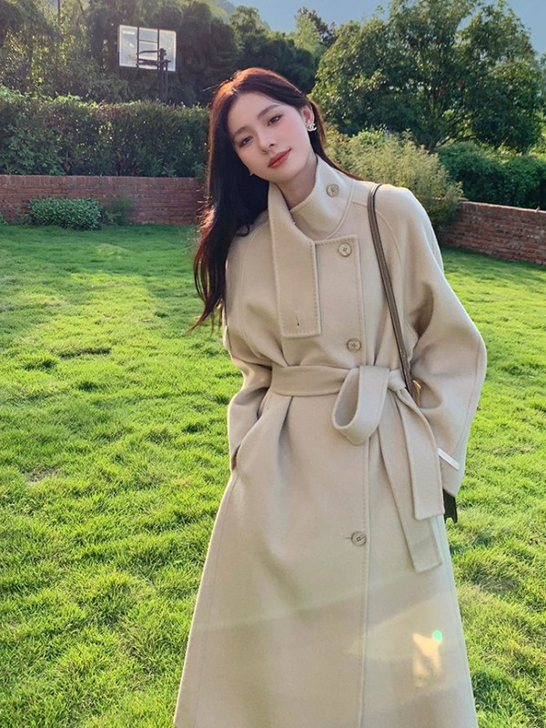 Zimski službeni ženski vuneni kaput Ženski harajuku ulični korejski stil Elegantni dizajn remena Kaput s gumbima Bandage Uski kaput Gornja odjeća