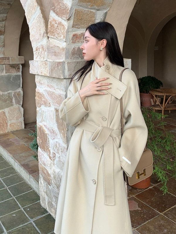 Zimski službeni ženski vuneni kaput Ženski harajuku ulični korejski stil Elegantni dizajn remena Kaput s gumbima Bandage Uski kaput Gornja odjeća