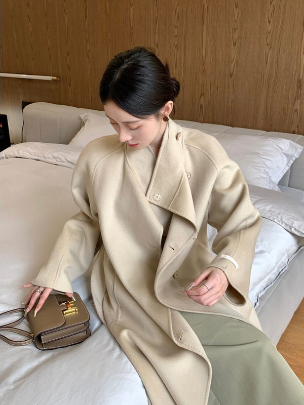 Zimski službeni ženski vuneni kaput Ženski harajuku ulični korejski stil Elegantni dizajn remena Kaput s gumbima Bandage Uski kaput Gornja odjeća