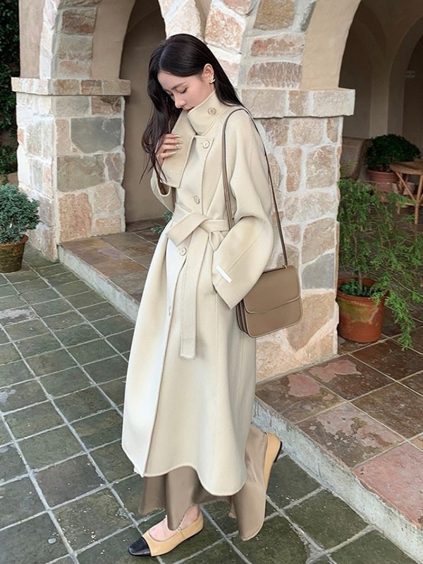 Zimski službeni ženski vuneni kaput Ženski harajuku ulični korejski stil Elegantni dizajn remena Kaput s gumbima Bandage Uski kaput Gornja odjeća