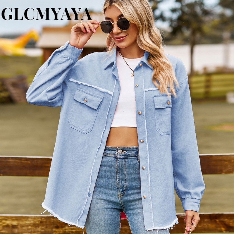 GLCMYAYA 2023 Nova traper jakna s grubim rubovima Elegantne ženske jakne jednobojnog jesenskog temperamenta Ležerne modne ženske traper majice na revere