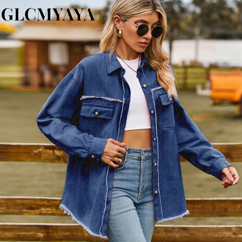 GLCMYAYA 2023 Nova traper jakna s grubim rubovima Elegantne ženske jakne jednobojnog jesenskog temperamenta Ležerne modne ženske traper majice na revere