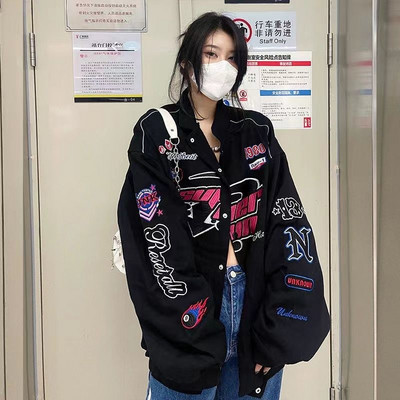 Y2K sacīkšu stila jaka 2022. gada karsts vīriešu un sieviešu mētelis ar apdruku retro ikdienišķs krāsains bloks ar garām piedurknēm dažāda veida audumi pavasara rudens