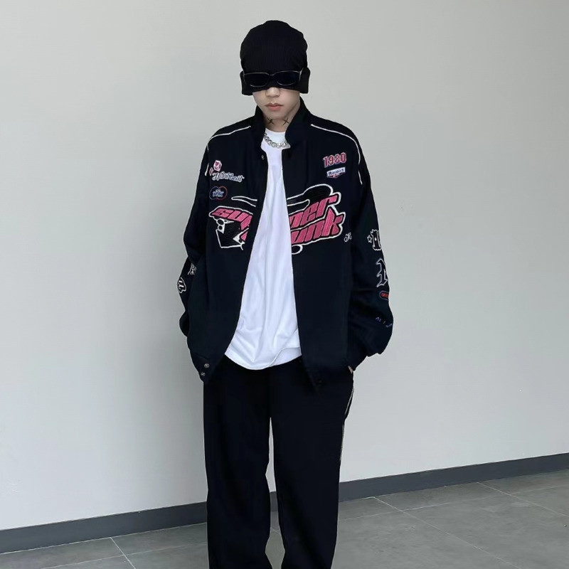 Y2K sacīkšu stila jaka 2022. gada karsts vīriešu un sieviešu mētelis ar apdruku retro ikdienišķs krāsains bloks ar garām piedurknēm dažāda veida audumi pavasara rudens