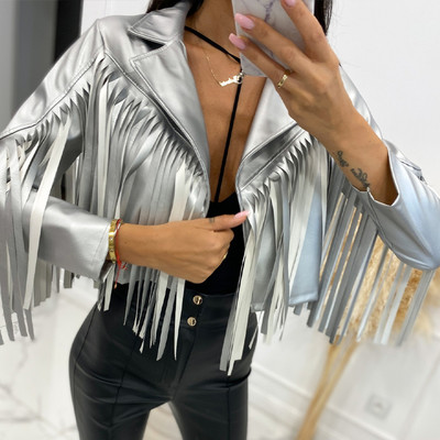 Ženska jakna s kićankama od PU kože Jesen 2023. Ležerne jakne s otvorenim ovratnikom za jesen 2023. Ženska modna ulična odjeća Kratki kaputi