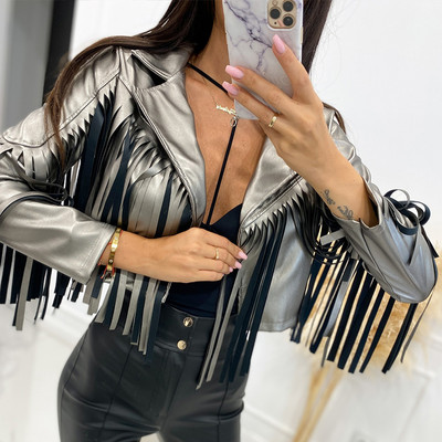 Ženska jakna s kićankama od PU kože Jesen 2023. Ležerne jakne s otvorenim ovratnikom za jesen 2023. Ženska modna ulična odjeća Kratki kaputi