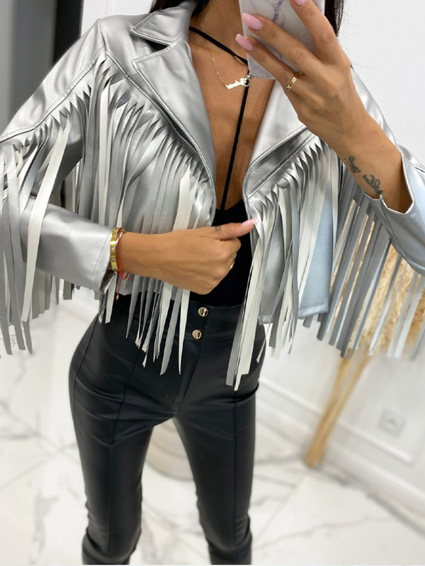 Ženska jakna s kićankama od PU kože Jesen 2023. Ležerne jakne s otvorenim ovratnikom za jesen 2023. Ženska modna ulična odjeća Kratki kaputi