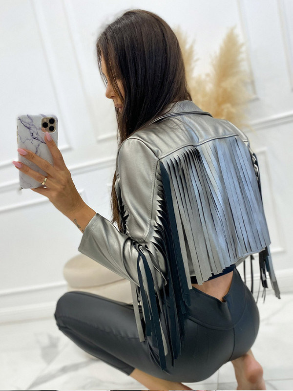 Ženska jakna s kićankama od PU kože Jesen 2023. Ležerne jakne s otvorenim ovratnikom za jesen 2023. Ženska modna ulična odjeća Kratki kaputi