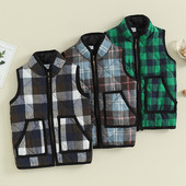 3-9 ani pentru copii, toamnă, iarnă, vestă, vestă, fără mâneci, guler vertical, vestă în carouri, cu 2 buzunare, îmbrăcăminte caldă din bumbac matlasat.