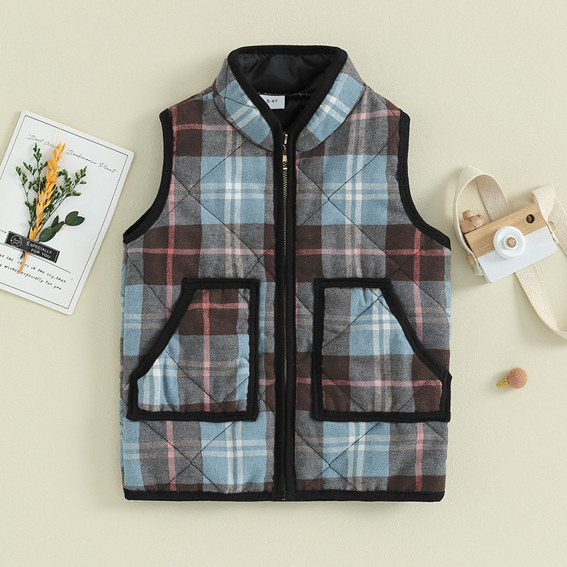 3-9 ani pentru copii, toamnă, iarnă, vestă, vestă, fără mâneci, guler vertical, vestă în carouri, cu 2 buzunare, îmbrăcăminte caldă din bumbac matlasat.