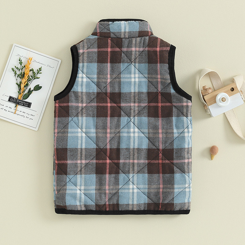 3-9 ani pentru copii, toamnă, iarnă, vestă, vestă, fără mâneci, guler vertical, vestă în carouri, cu 2 buzunare, îmbrăcăminte caldă din bumbac matlasat.