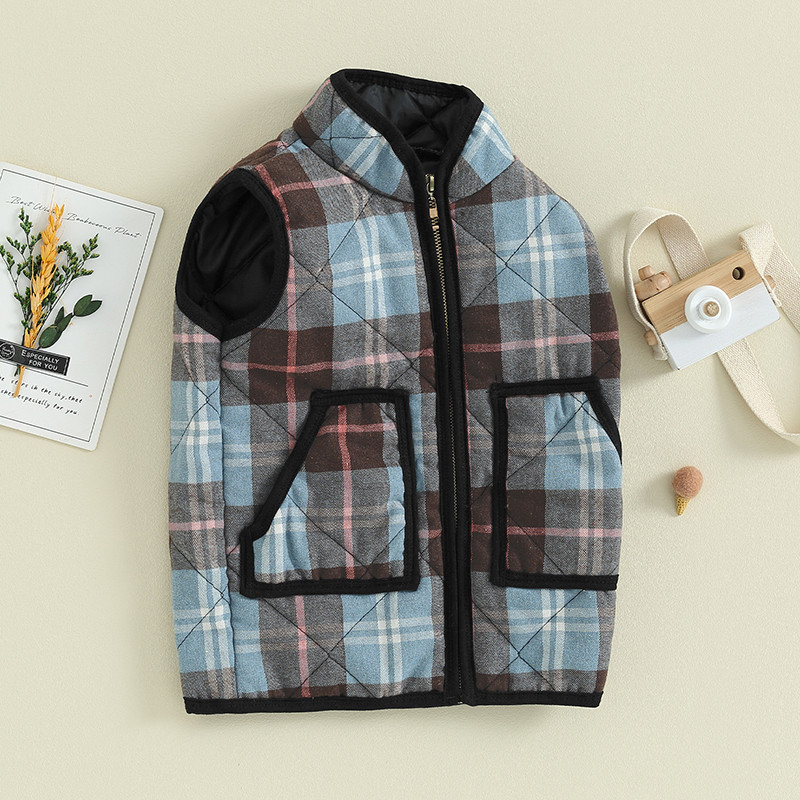 3-9 ani pentru copii, toamnă, iarnă, vestă, vestă, fără mâneci, guler vertical, vestă în carouri, cu 2 buzunare, îmbrăcăminte caldă din bumbac matlasat.