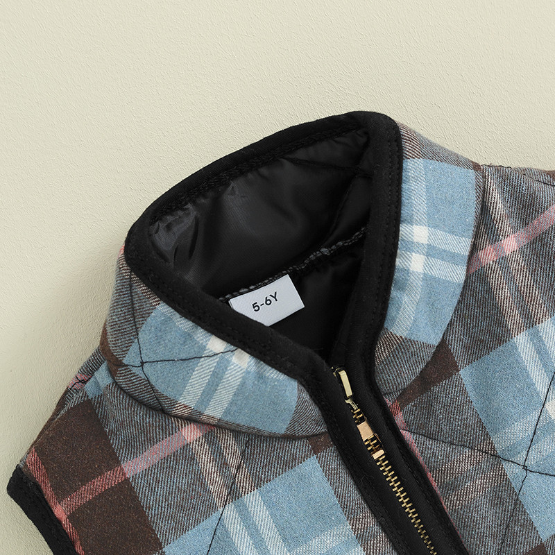 3-9 ani pentru copii, toamnă, iarnă, vestă, vestă, fără mâneci, guler vertical, vestă în carouri, cu 2 buzunare, îmbrăcăminte caldă din bumbac matlasat.