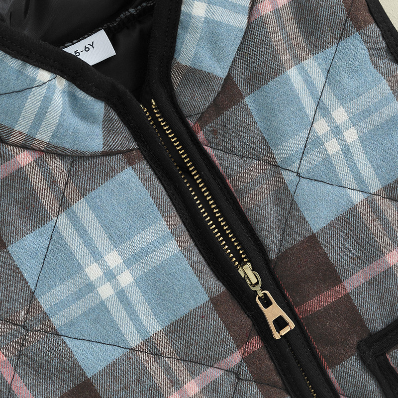 3-9 ani pentru copii, toamnă, iarnă, vestă, vestă, fără mâneci, guler vertical, vestă în carouri, cu 2 buzunare, îmbrăcăminte caldă din bumbac matlasat.