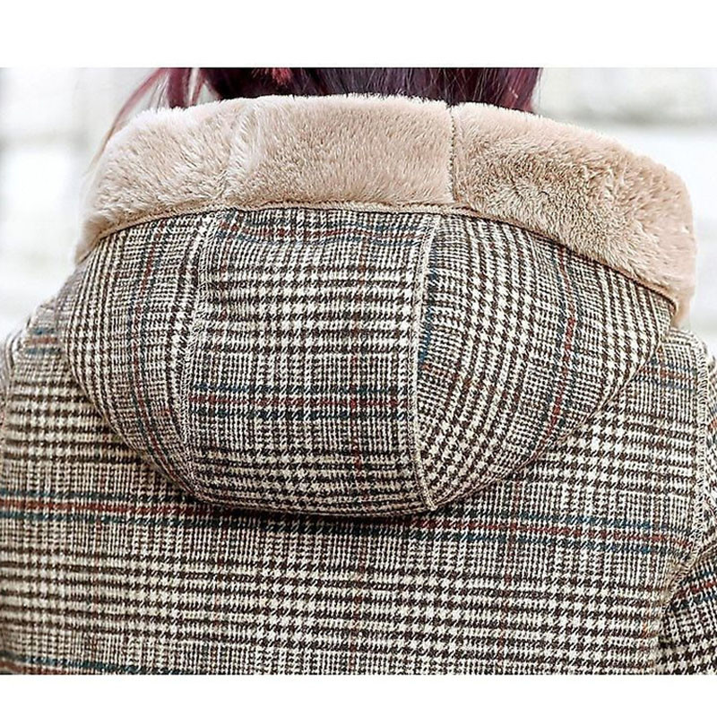 Ženska zimska jakna Krzneni kaput Ženski karirani vuneni kaput Debeli baršun Zadebljane tople jakne srednje dužine Topli vuneni kaput s kapuljačom