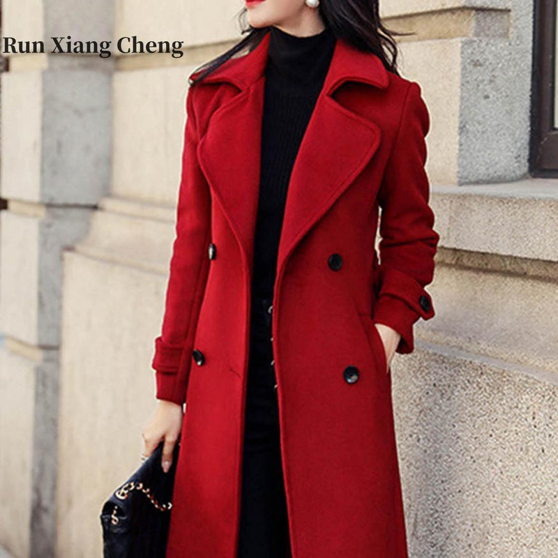 Palton roșu cu două piepturi Jachetă de afaceri cu lungime până la jumătatea gambei Formal amestec de lână Pardesiu termic gros de iarnă Femei Negru Kaki