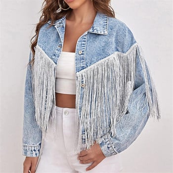 Jean Jacket για Γυναικεία Τζιν Μπουφάν Γυναικεία Κορεάτικη Μόδα Νέα Vintage Παλτό Φούντα Streetwear Casual μακρυμάνικα τοπ ρούχα 2023