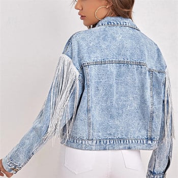 Jean Jacket για Γυναικεία Τζιν Μπουφάν Γυναικεία Κορεάτικη Μόδα Νέα Vintage Παλτό Φούντα Streetwear Casual μακρυμάνικα τοπ ρούχα 2023