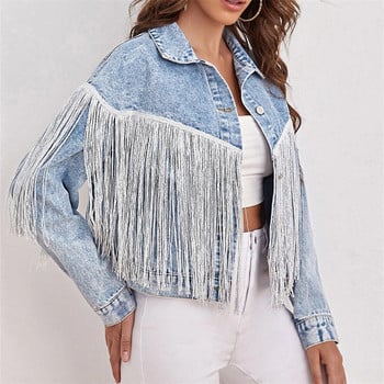 Jean Jacket για Γυναικεία Τζιν Μπουφάν Γυναικεία Κορεάτικη Μόδα Νέα Vintage Παλτό Φούντα Streetwear Casual μακρυμάνικα τοπ ρούχα 2023