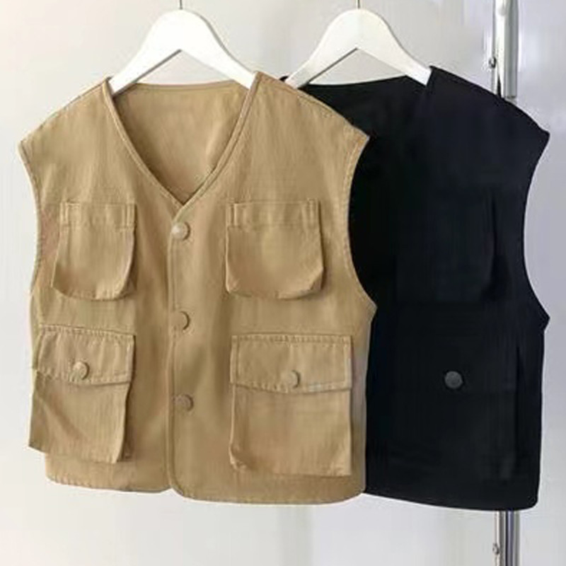 Vestă din bumbac, primăvară, toamnă, jachetă fără mâneci, cu buzunare multiple