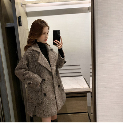 MOONBIFFY Mali jesenski zimski ženski karirani kaput Ženski podebljani kaput Britansko starinsko odijelo Kopča za kragnu Vuneni sako srednje dužine