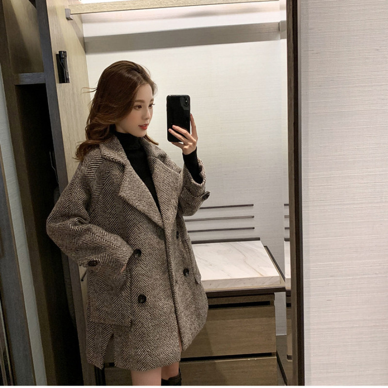 MOONBIFFY Mali jesenski zimski ženski karirani kaput Ženski podebljani kaput Britansko starinsko odijelo Kopča za kragnu Vuneni sako srednje dužine