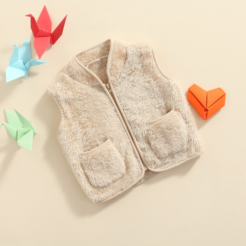 Bebeluși Copii Bebeluși Fete Băieți Vestă caldă de pluș fără mâneci, îmbrăcăminte exterioară cu fermoar cu decolteu în V pentru copii, cu buzunare 1-5T
