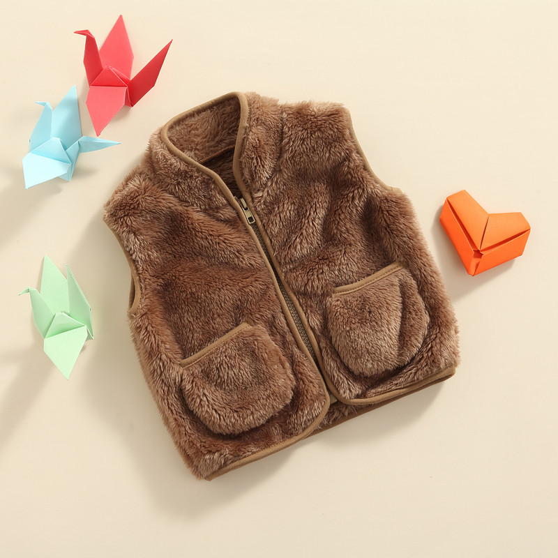 Bebeluși Copii Bebeluși Fete Băieți Vestă caldă de pluș fără mâneci, îmbrăcăminte exterioară cu fermoar cu decolteu în V pentru copii, cu buzunare 1-5T