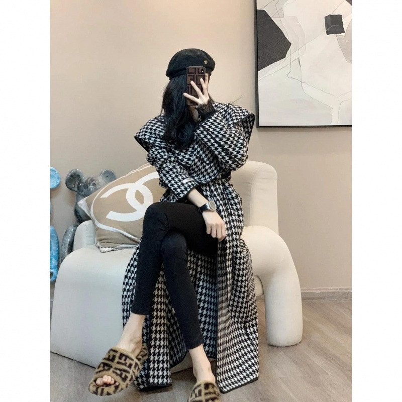 Jesen i zima 2023. korejsko izdanje Retro Fit Temperament Thousand Bird Karirani široki zadebljani ženski vuneni kaput