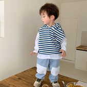 Gilet cu glugă în dungi de toamnă pentru băieți, ocazional din bumbac, fără mâneci, vestă asortată