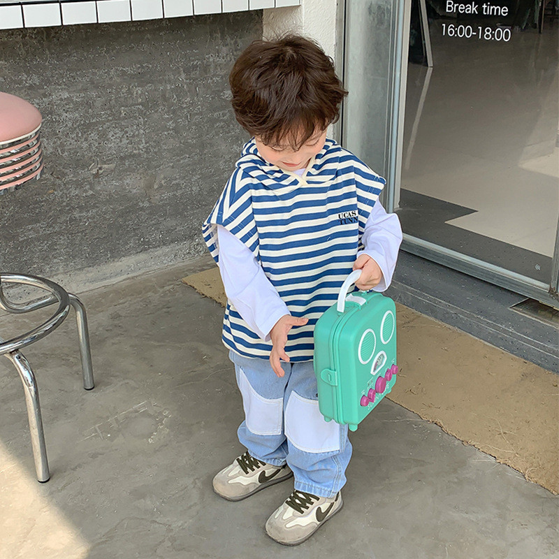 Gilet cu glugă în dungi de toamnă pentru băieți, ocazional din bumbac, fără mâneci, vestă asortată