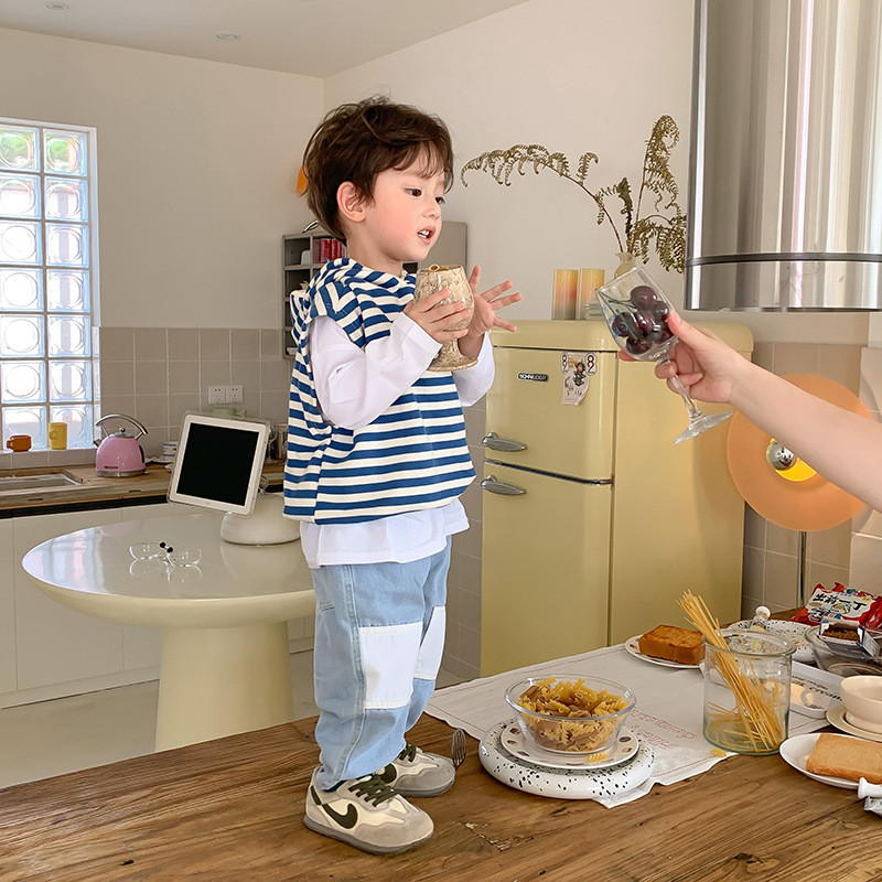 Gilet cu glugă în dungi de toamnă pentru băieți, ocazional din bumbac, fără mâneci, vestă asortată