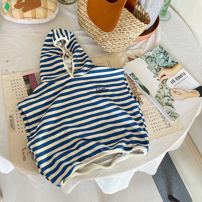 Gilet cu glugă în dungi de toamnă pentru băieți, ocazional din bumbac, fără mâneci, vestă asortată