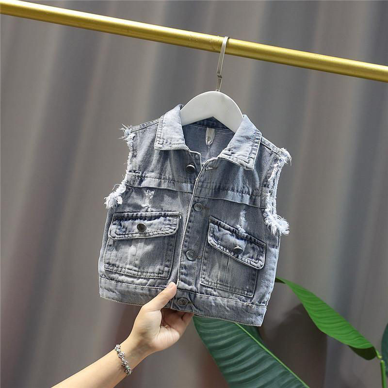 Dječja jesenja odjeća, modni print, dojenčad, dječaci, prsluk s crtićima Jean Gornja odjeća, džepni ovratnik s dugmadima, traper prsluci za dječake