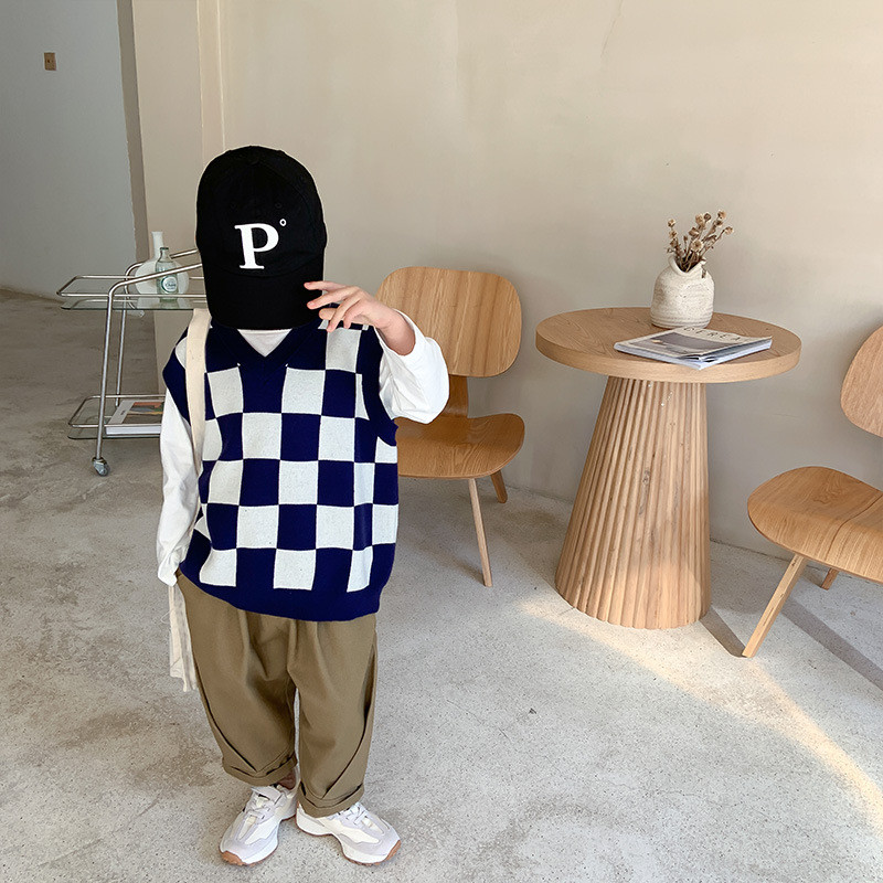 Toamnă 2022 pentru băieți, veste tricotate în carouri, pulover largi fără mâneci îmbrăcăminte exterioară casual