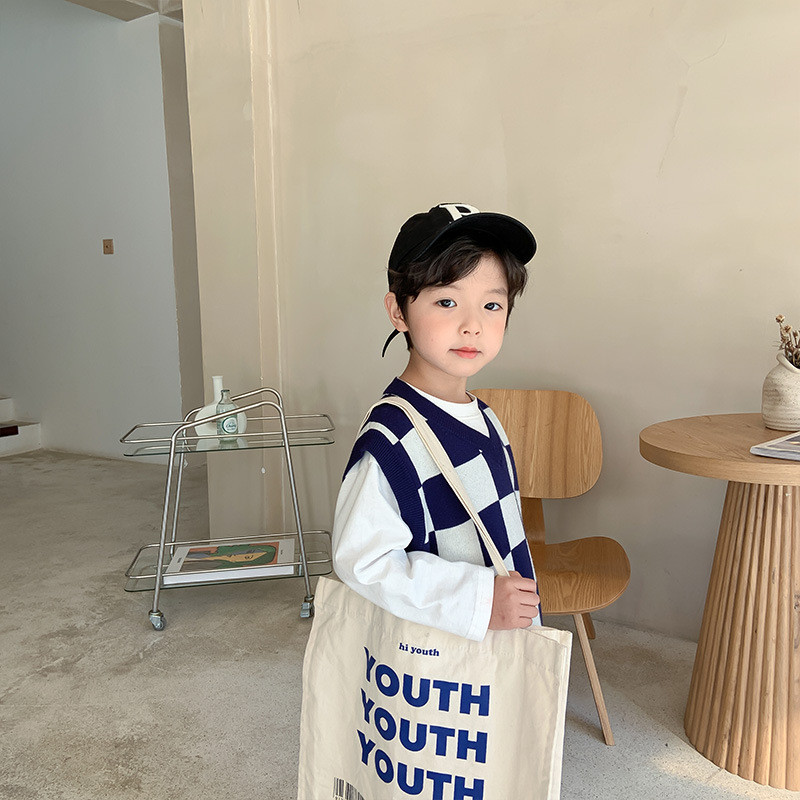 Toamnă 2022 pentru băieți, veste tricotate în carouri, pulover largi fără mâneci îmbrăcăminte exterioară casual