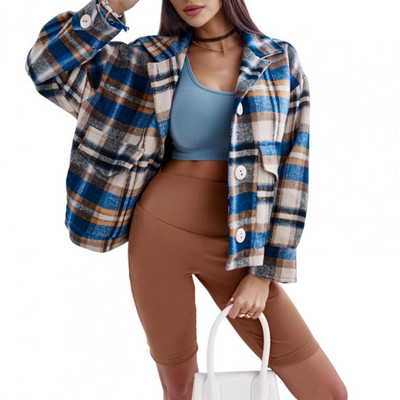 Închidere cu nasturi Gros Rezistent la Frig Femei Iarnă Imprimare în carouri Cămașă lejeră Jachetă Casual Pardesiu Îmbrăcăminte de zi cu zi