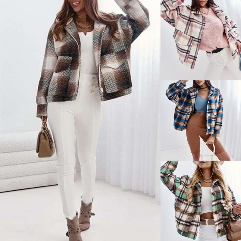 Închidere cu nasturi Gros Rezistent la Frig Femei Iarnă Imprimare în carouri Cămașă lejeră Jachetă Casual Pardesiu Îmbrăcăminte de zi cu zi