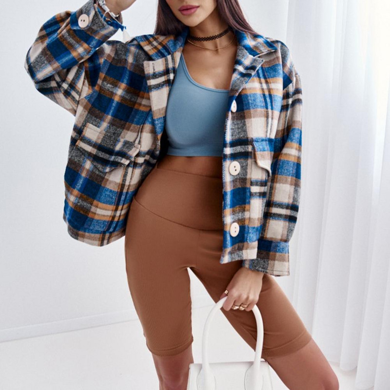 Închidere cu nasturi Gros Rezistent la Frig Femei Iarnă Imprimare în carouri Cămașă lejeră Jachetă Casual Pardesiu Îmbrăcăminte de zi cu zi