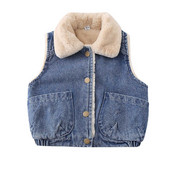 Vestă pentru copii mici, guler răsturnat, vestă de blană, băieți drăguți, haine de iarnă, nasturi de modă pentru copii, vestă cu ursuleț, vestă caldă de blugi