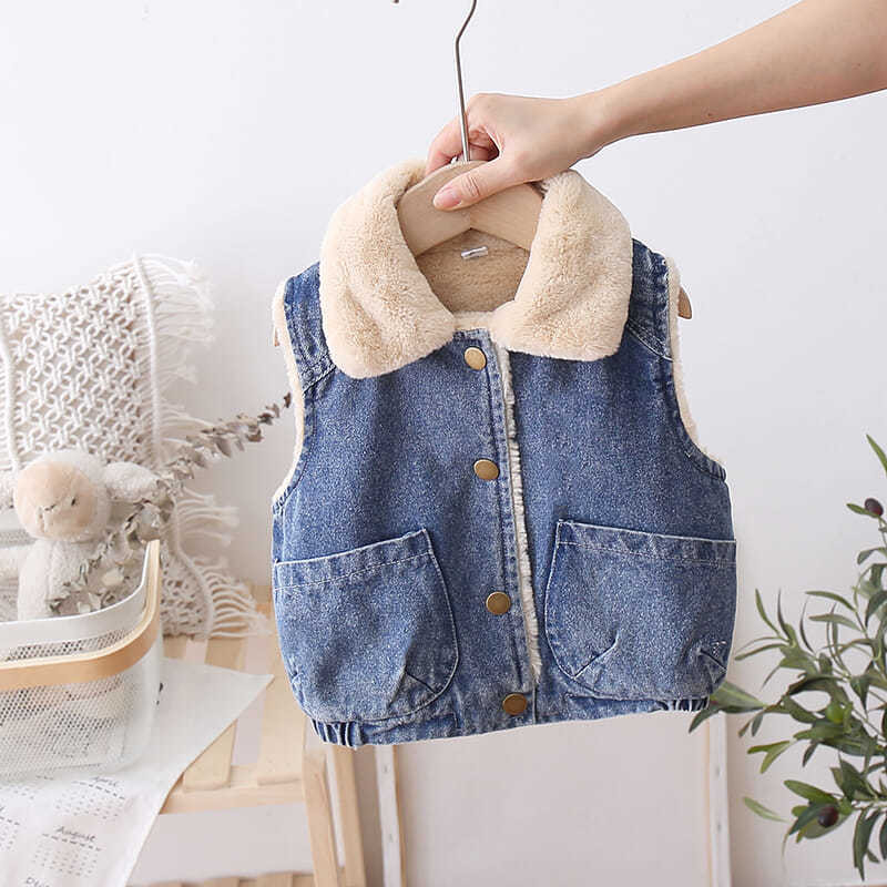 Vestă pentru copii mici, guler răsturnat, vestă de blană, băieți drăguți, haine de iarnă, nasturi de modă pentru copii, vestă cu ursuleț, vestă caldă de blugi