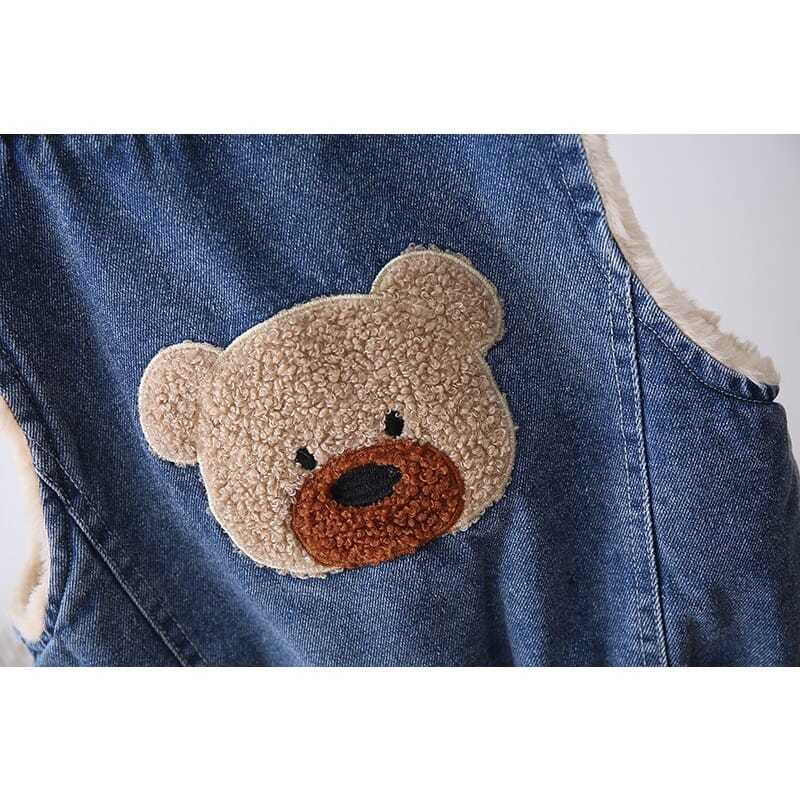 Vestă pentru copii mici, guler răsturnat, vestă de blană, băieți drăguți, haine de iarnă, nasturi de modă pentru copii, vestă cu ursuleț, vestă caldă de blugi